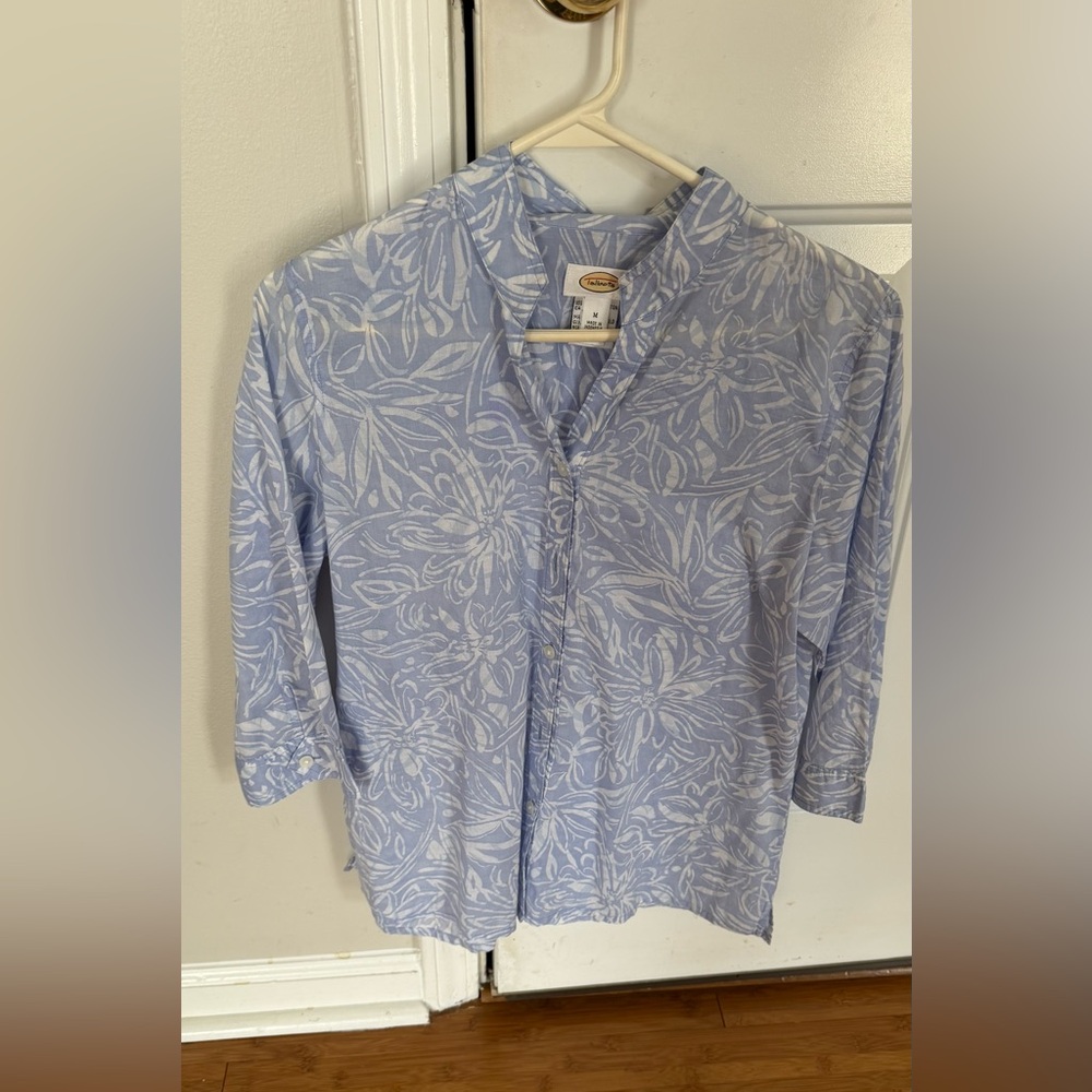 Lightweight, long sleeve button down Blue Floral Shirt